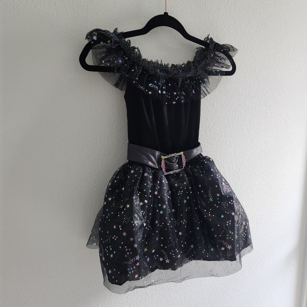 Halloween Kids Small Black‎ Velvet Tulle Celestial Star Witch Costume Dress